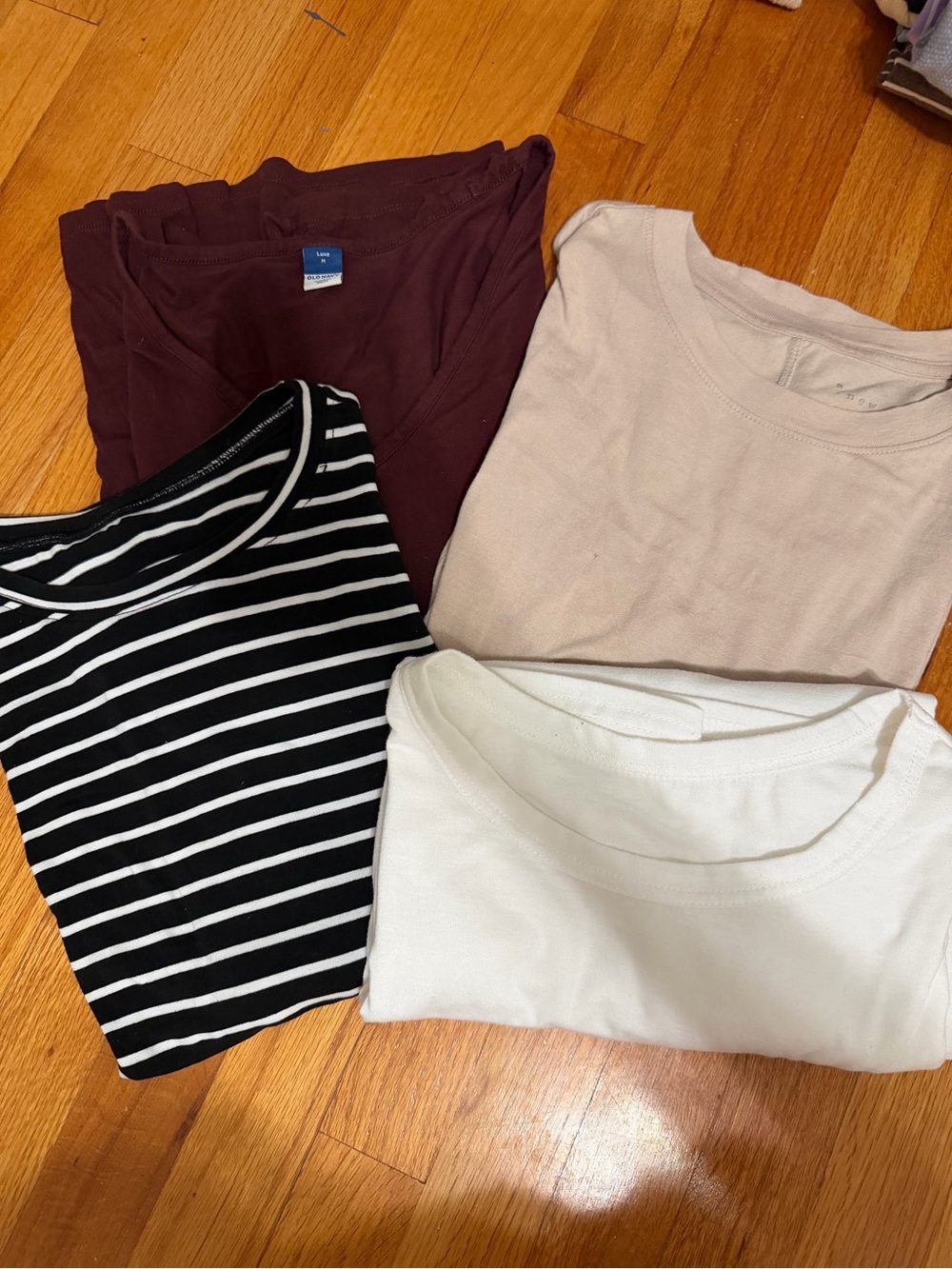 Women’s Crewneck T-Shirt Pack - White, Black Stripe, Tan, Burgundy